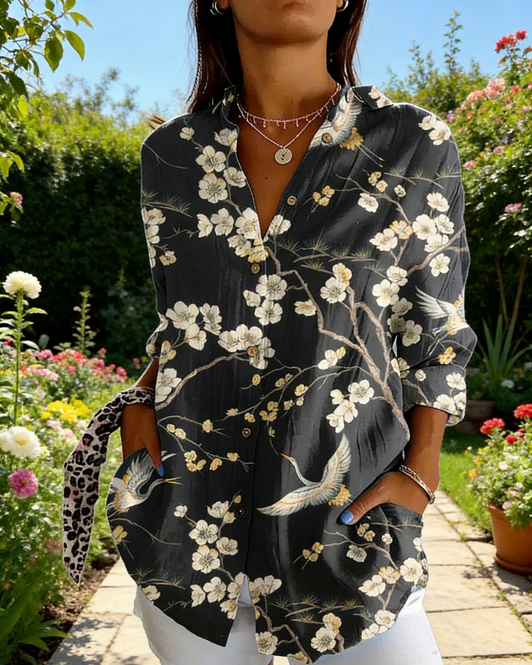 Boho Bluse Damen Dunkelgrau: Vintage Japan-Stil mit Kranich-Print, Reverskragen, Loose Fit, S-5XL,Ganzjährig