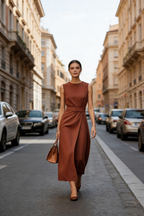 Damen Midikleid Rostrot: Elegantes ärmelloses Sommerkleid mit Rundhals & Gürtel, Stilvolles A-Linien Freizeitkleid, Modernes Business-Outfit S-2XL