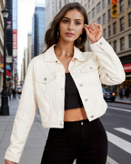 Damen Jeansjacke Beige: Klassische kurze Denim-Jacke im Slim Fit Design, Elegante Übergangsjacke in Cremeweiß, Casual Streetwear, Ganzjährig XS-L