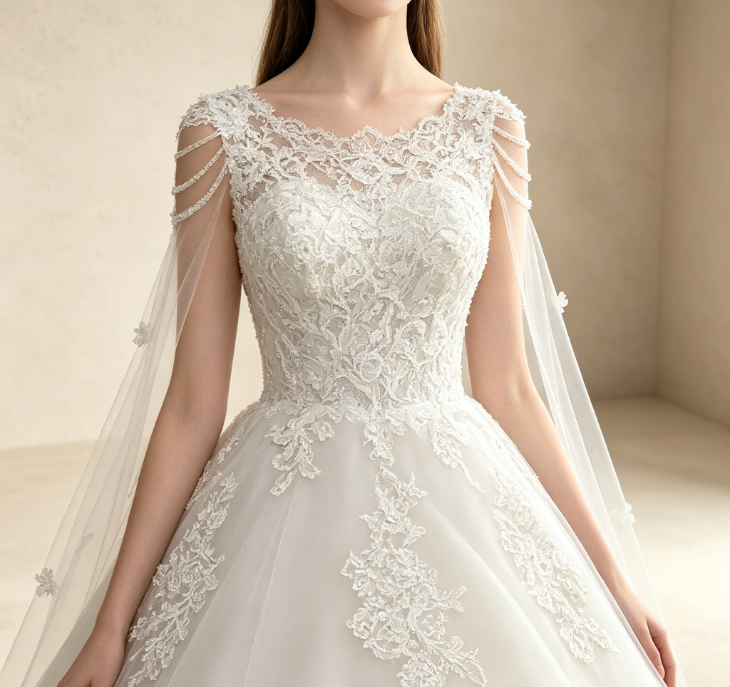 Elegantes Ballkleid in Weiß mit Cape-Schleier | Prinzessinnen Abendkleid A-Linie mit Feiner Spitze, Perlen-Dekor und Schleppe