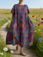 Damen Boho-Maxikleid im Japan-Stil Lila: Farbenfroher Mandala-Print, Rundhals & Lose Passform, Reine Baumwolle, Ganzjährig S-5XL