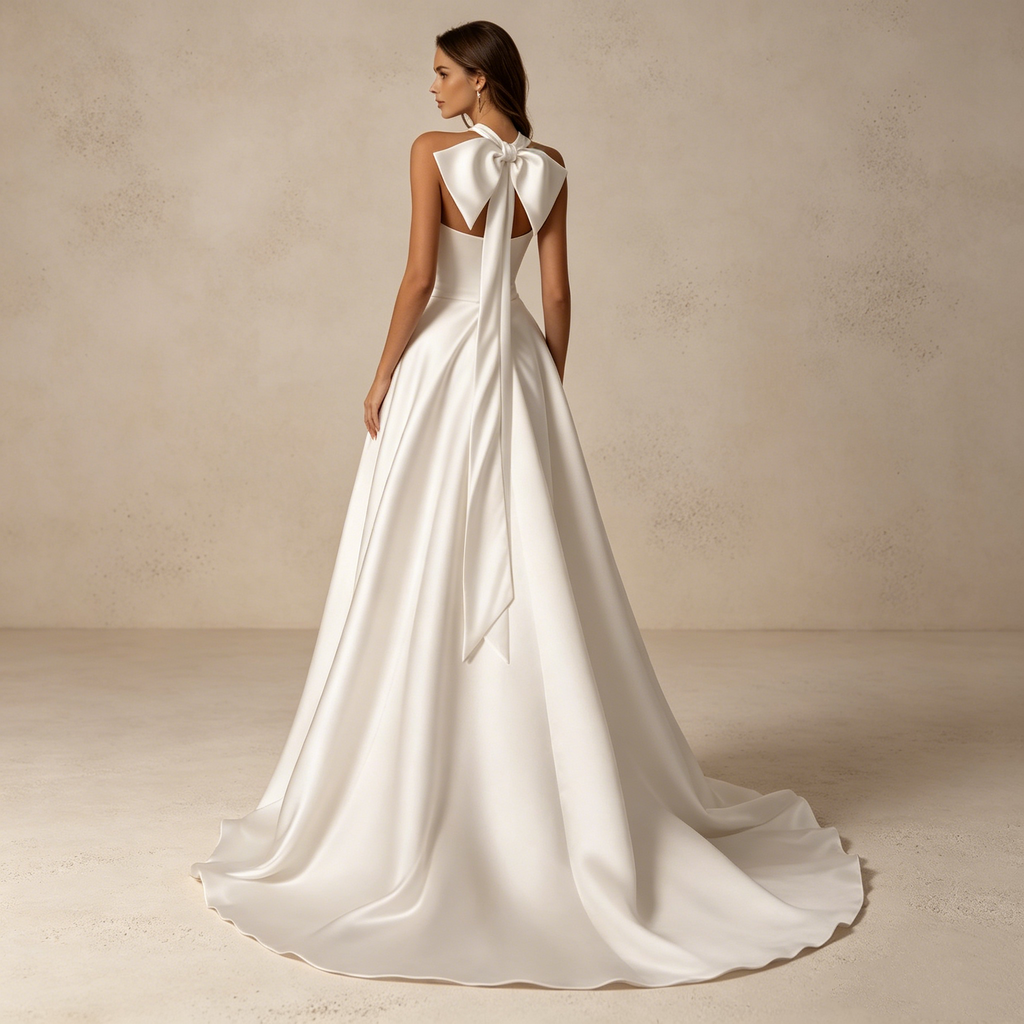 Minimalistisches Neckholder Abendkleid Weiß | Elegantes Satin-Maxikleid mit Beinschlitz