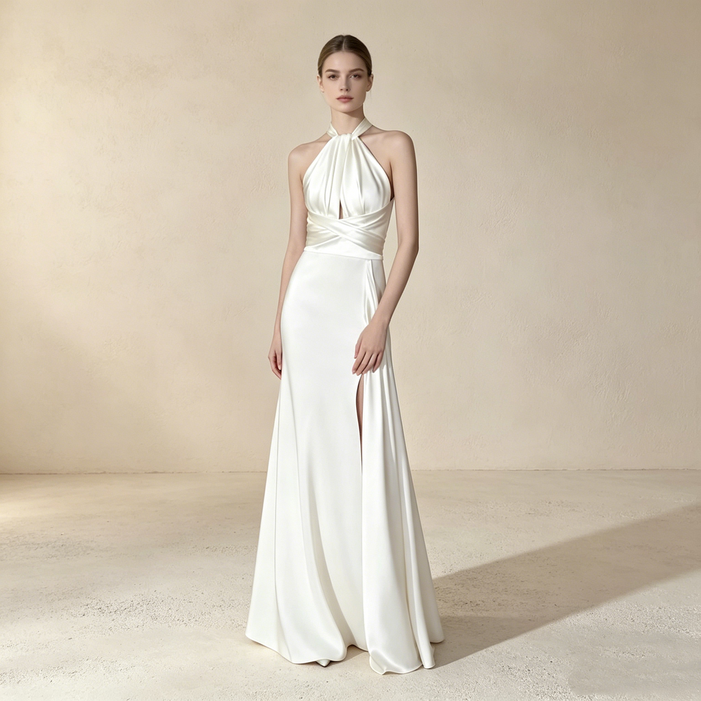 Halterneck Satin Abendkleid Elegant Maxi mit Beinschlitz Neckholder Ballkleid Ärmellos Bodenlang für Damen