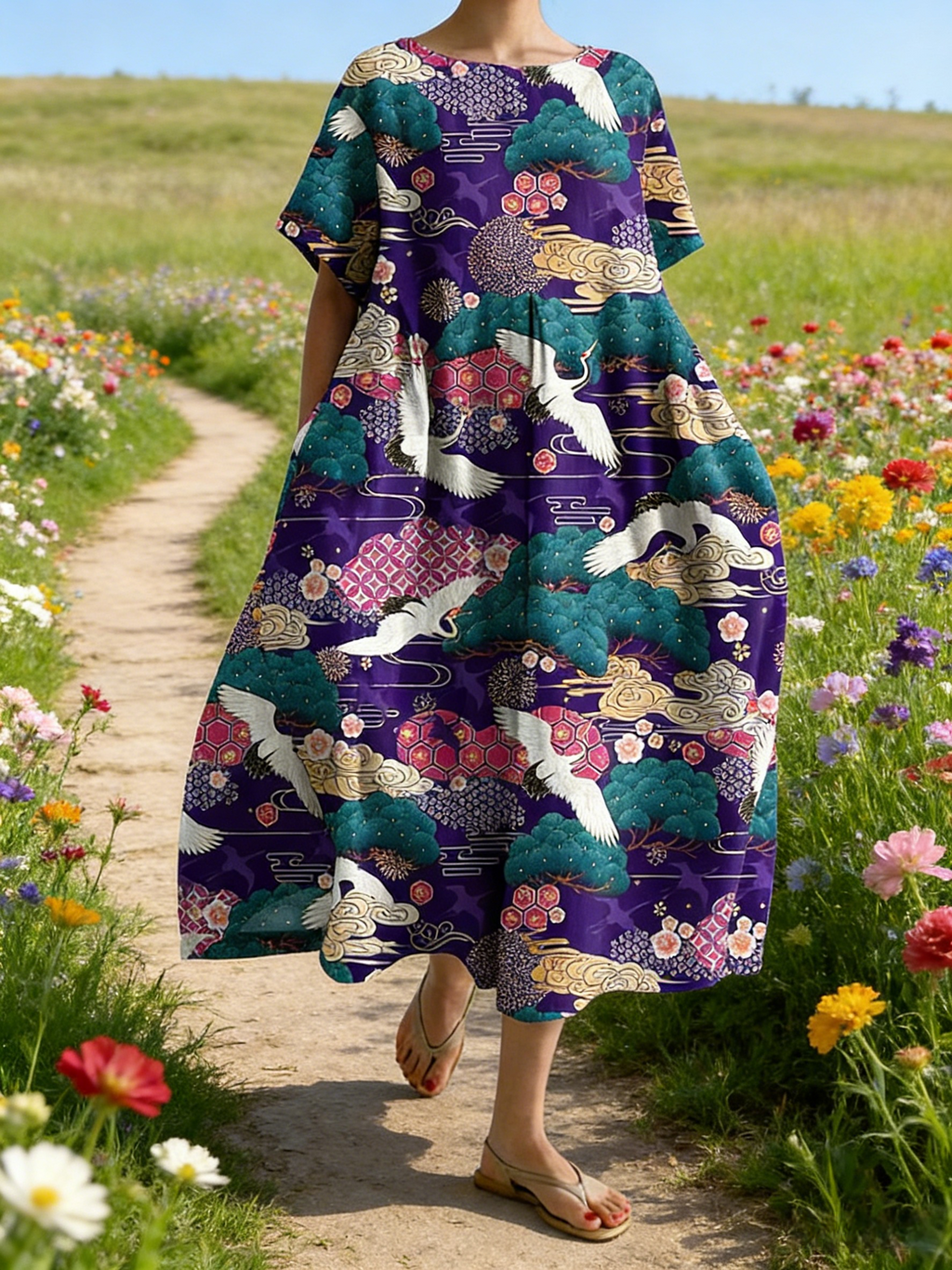Damen Boho-Maxikleid im Japan-Stil Dunkelviolett: Edler Kranich- & Kiefern-Print, Rundhals & Lose Passform, Reine Baumwolle, Ganzjährig S-5XL