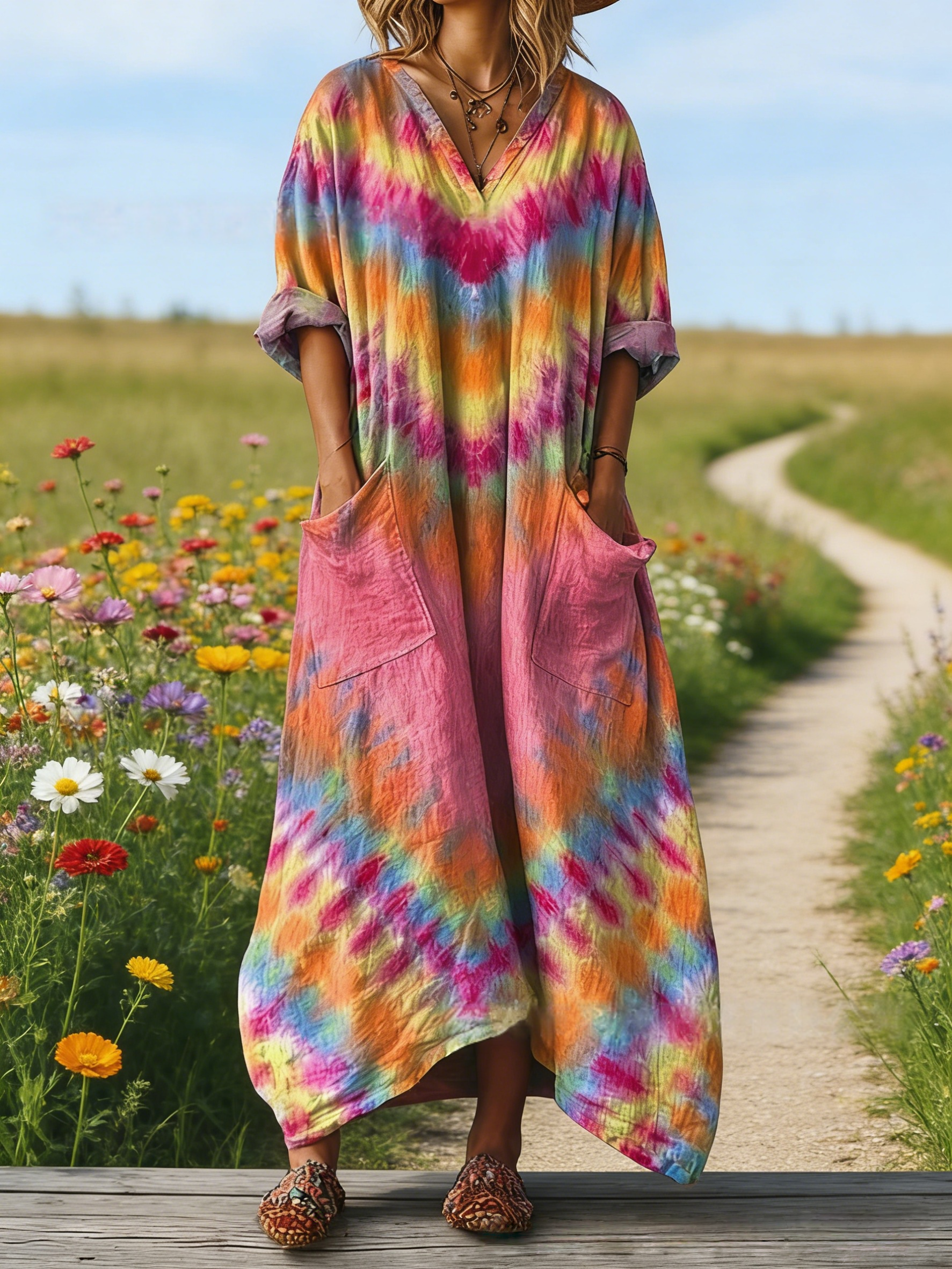 Damen Boho-Maxikleid im Vintage-Stil Bunt: Regenbogen Tie-Dye Grafik, V-Ausschnitt & Praktische Taschen, Bequeme Passform, Ganzjährig S-5XL