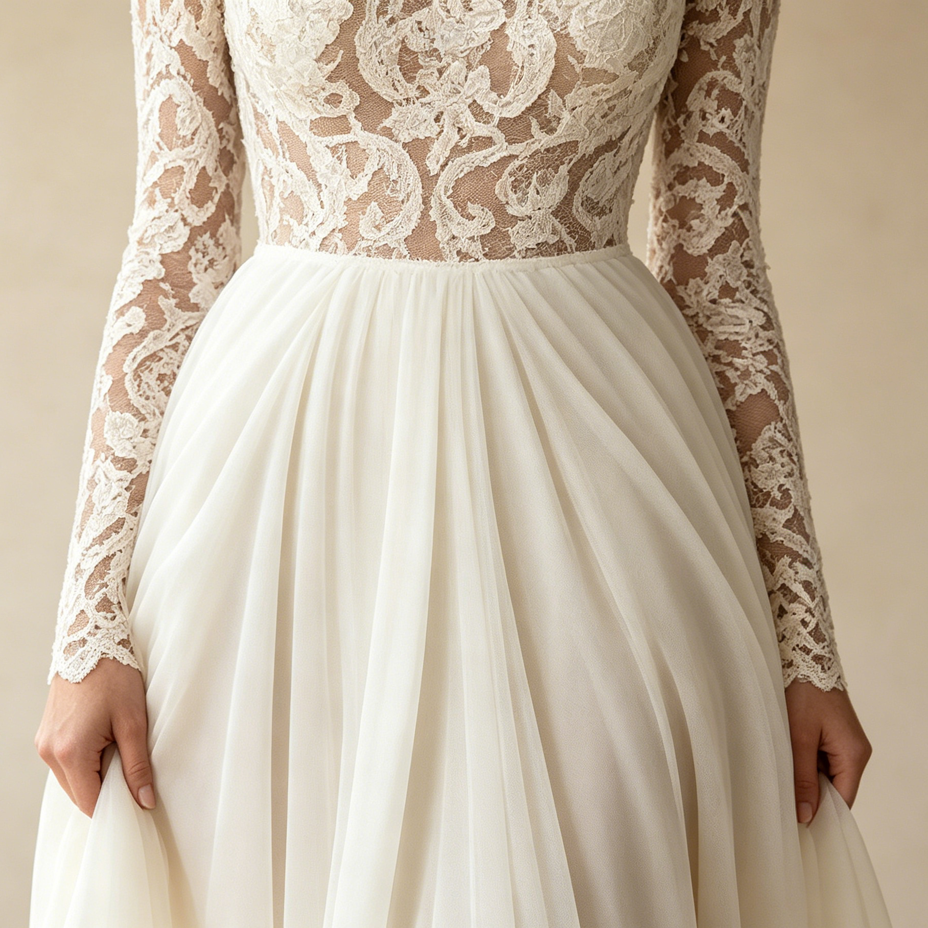 Elegantes High-Neck Abendkleid mit Spitze – Stilvolles Langarm Maxi-Festkleid in Weiß