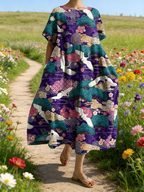 Damen Boho-Maxikleid im Japan-Stil Dunkelviolett: Edler Kranich- & Kiefern-Print, Rundhals & Lose Passform, Reine Baumwolle, Ganzjährig S-5XL