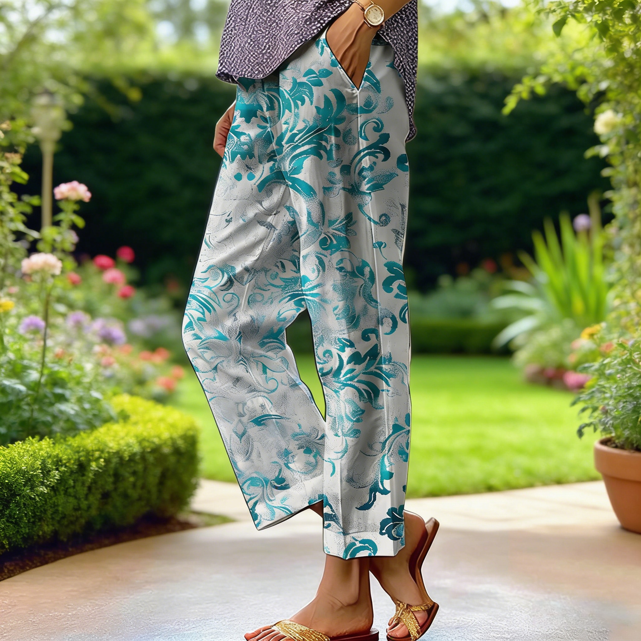 Boho Damen Weite Hose Weiß-Türkis: Luftige Culotte mit Vintage-Ornamenten, Bequeme Baumwoll-Mix Freizeithose für Frühling & Sommer, Elegant Forest Style S-3XL