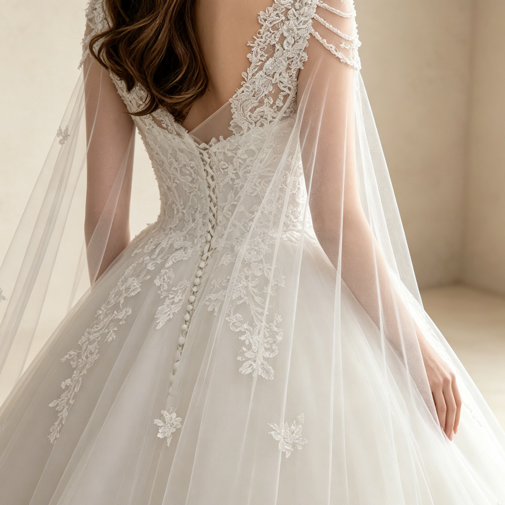 Elegantes Ballkleid in Weiß mit Cape-Schleier | Prinzessinnen Abendkleid A-Linie mit Feiner Spitze, Perlen-Dekor und Schleppe
