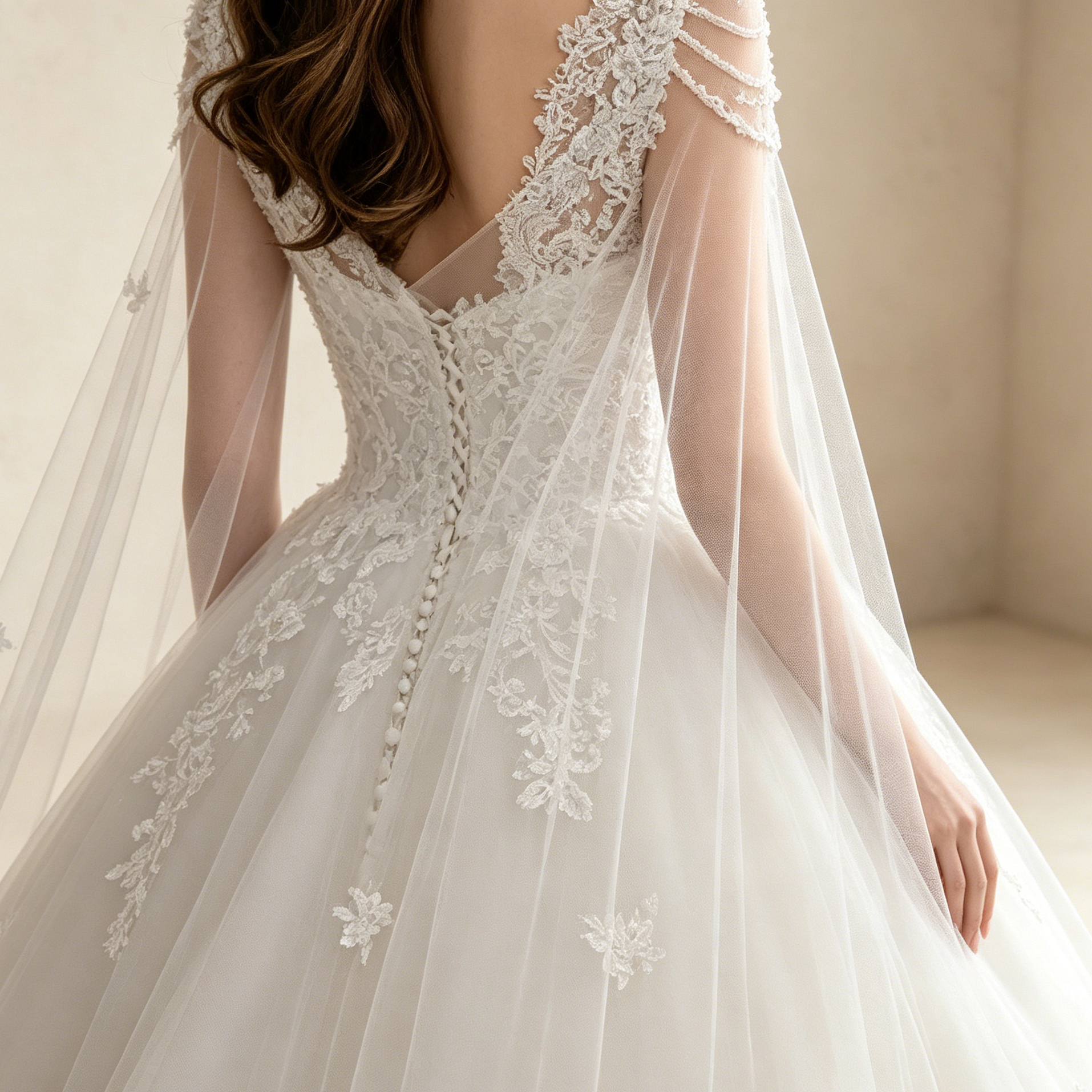 Elegantes Ballkleid in Weiß mit Cape-Schleier | Prinzessinnen Abendkleid A-Linie mit Feiner Spitze, Perlen-Dekor und Schleppe