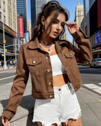 Damen Jeansjacke Braun: Klassische kurze Denim-Jacke im Slim Fit Design, Stylische Übergangsjacke in Kaffee-Braun, Casual Streetwear, Ganzjährig XS-L