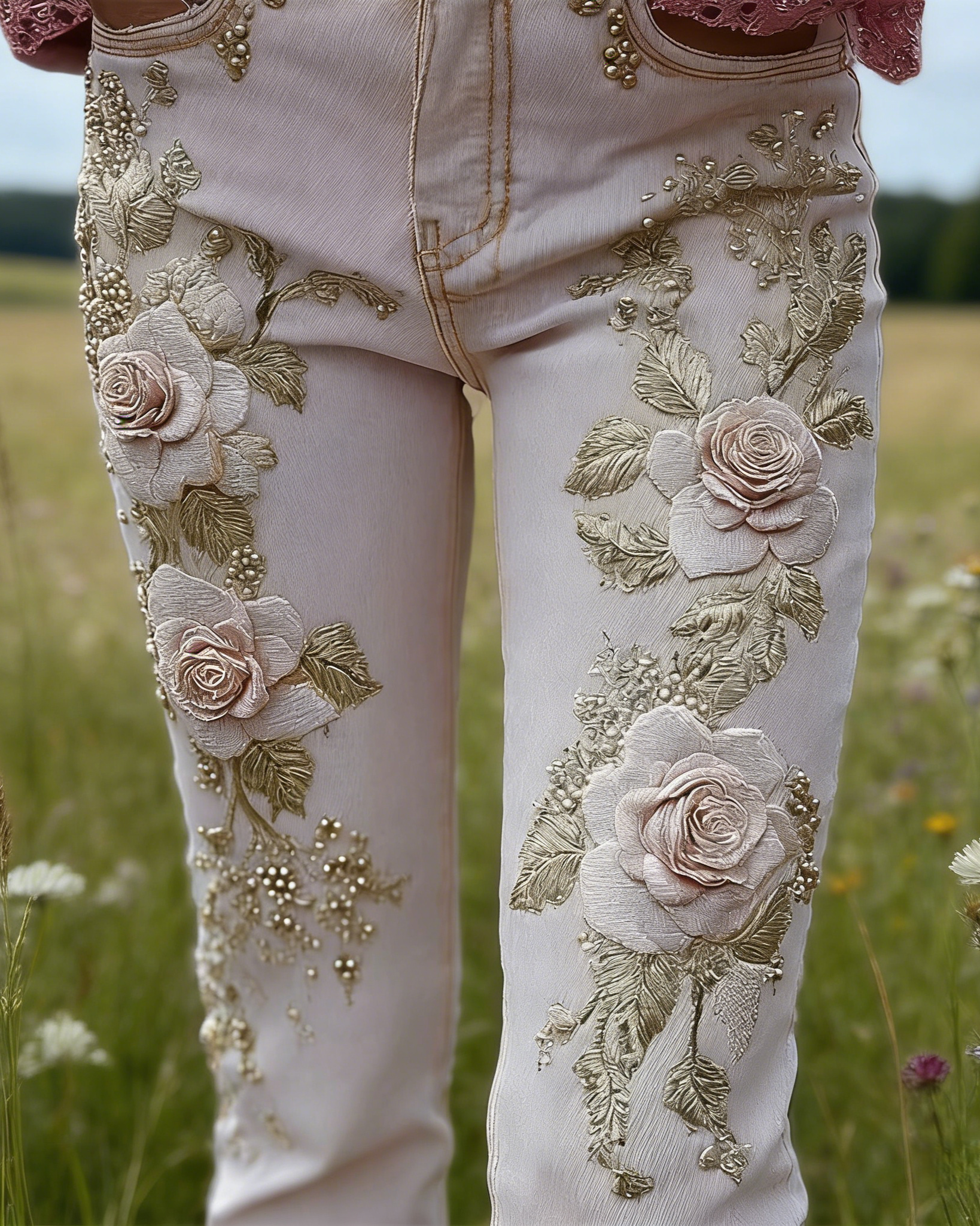 Skinny Jeans Rosa: 3D-Druck Romantische Rosen, Stickerei-Optik, Denim-Style S-5XL