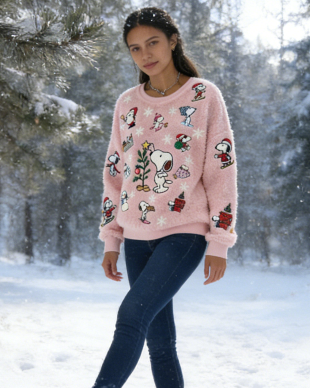 Snoopy Druck Flanell Pullover Pink – Damen kuscheliger Sweatshirt, süß gemütlich Size S-5XL