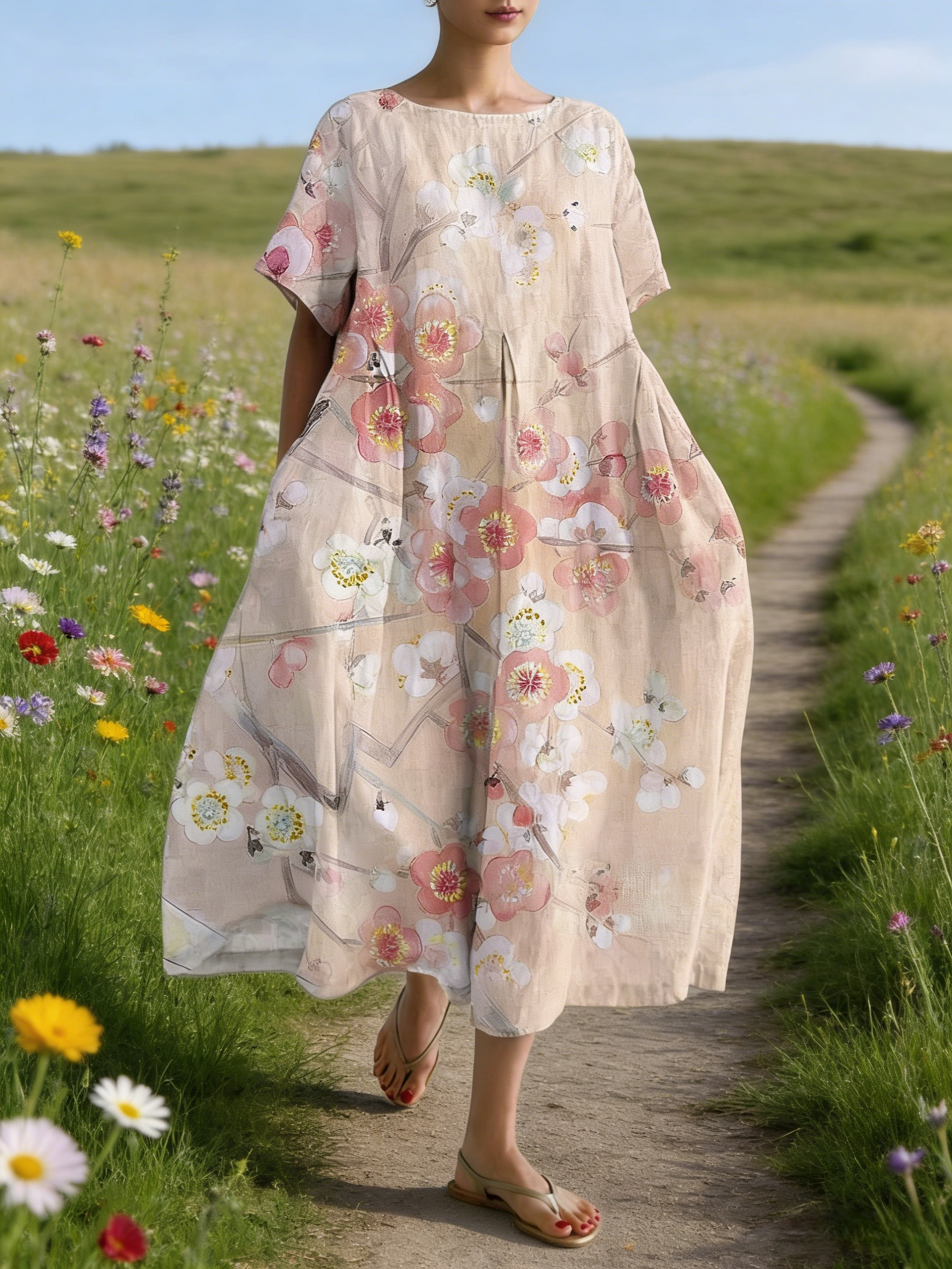 Damen Boho-Maxikleid im Japan-Stil Beige: Künstlerischer Kirschblüten-Print, Rundhals & Lose A-Linie, Reine Baumwolle, Ganzjährig S-5XL