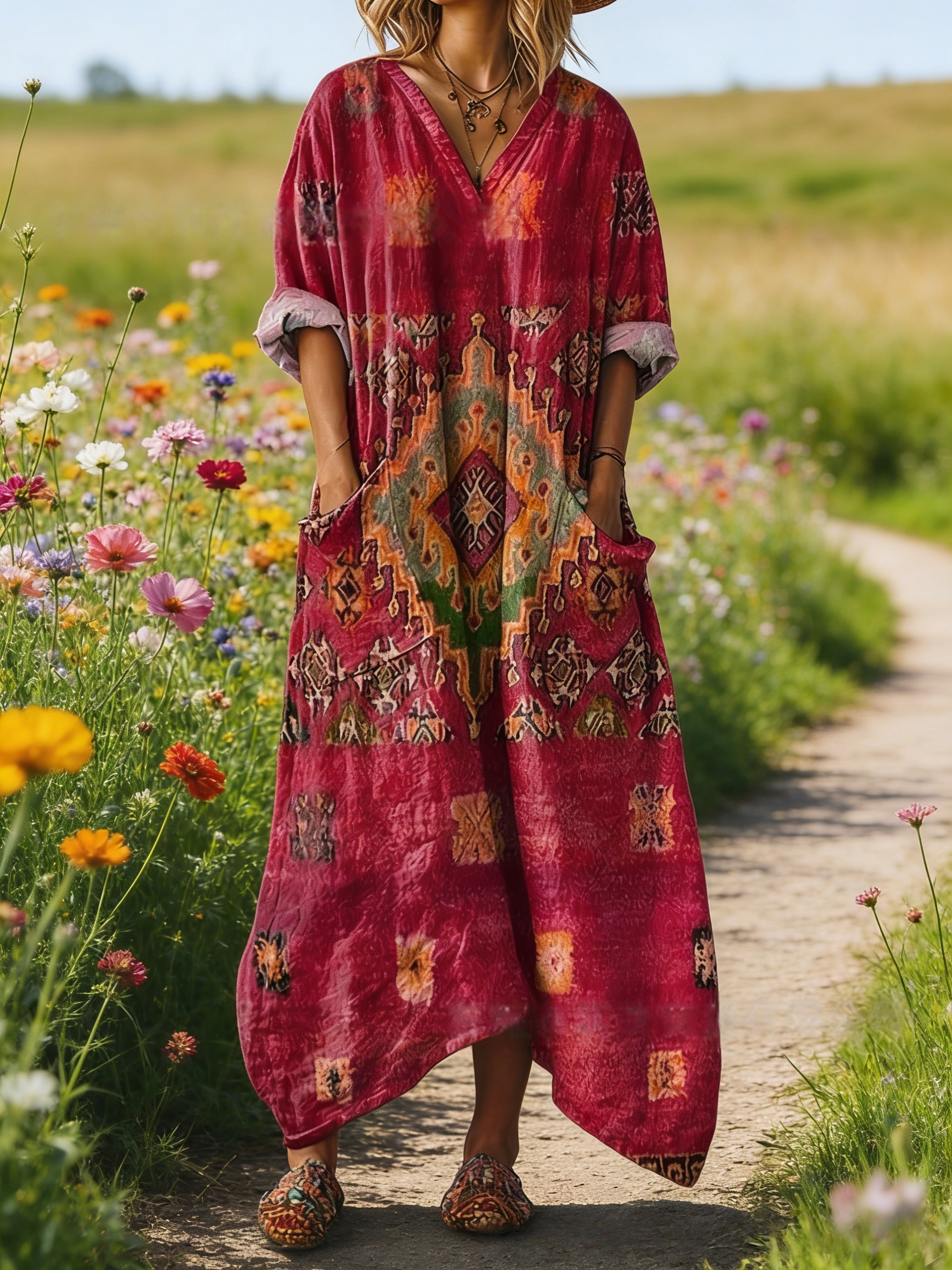 Damen Boho-Maxikleid im Vintage-Stil Dunkelrot: Retro-Blumenprint & Ethno-Grafik, V-Ausschnitt & Praktische Taschen, Bequeme Passform, Ganzjährig S-5XL