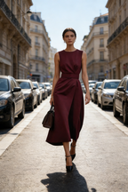 Damen Midikleid Weinrot: Elegantes ärmelloses Sommerkleid mit Rundhals & Gürtel, Stilvolles A-Linien Freizeitkleid, Modernes Business-Outfit S-2XL