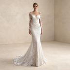 Elegantes Meerjungfrau Abendkleid Weiß mit Schleppe | Figurbetontes Spitzenkleid mit Langen Ärmeln und Illusion-V-Ausschnitt