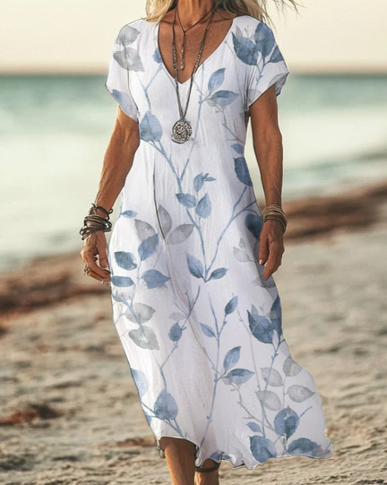 Boho Maxikleid Damen Weiß: Blau Blattmuster, V-Ausschnitt, S-3XL, Ganzjährig
