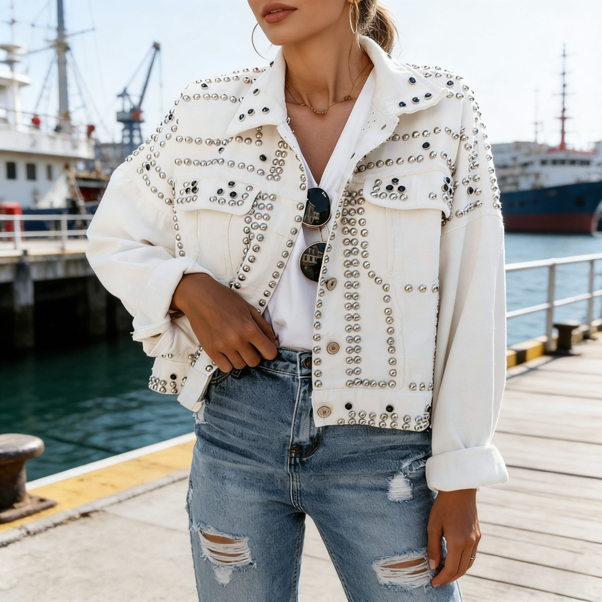 Damen Jeansjacke Weiß mit Nieten: Stylische Denim-Jacke im Vintage-Look, Extravagante Jacke mit Metall-Verzierungen, Casual Party-Outfit, Ganzjährig S-3XL