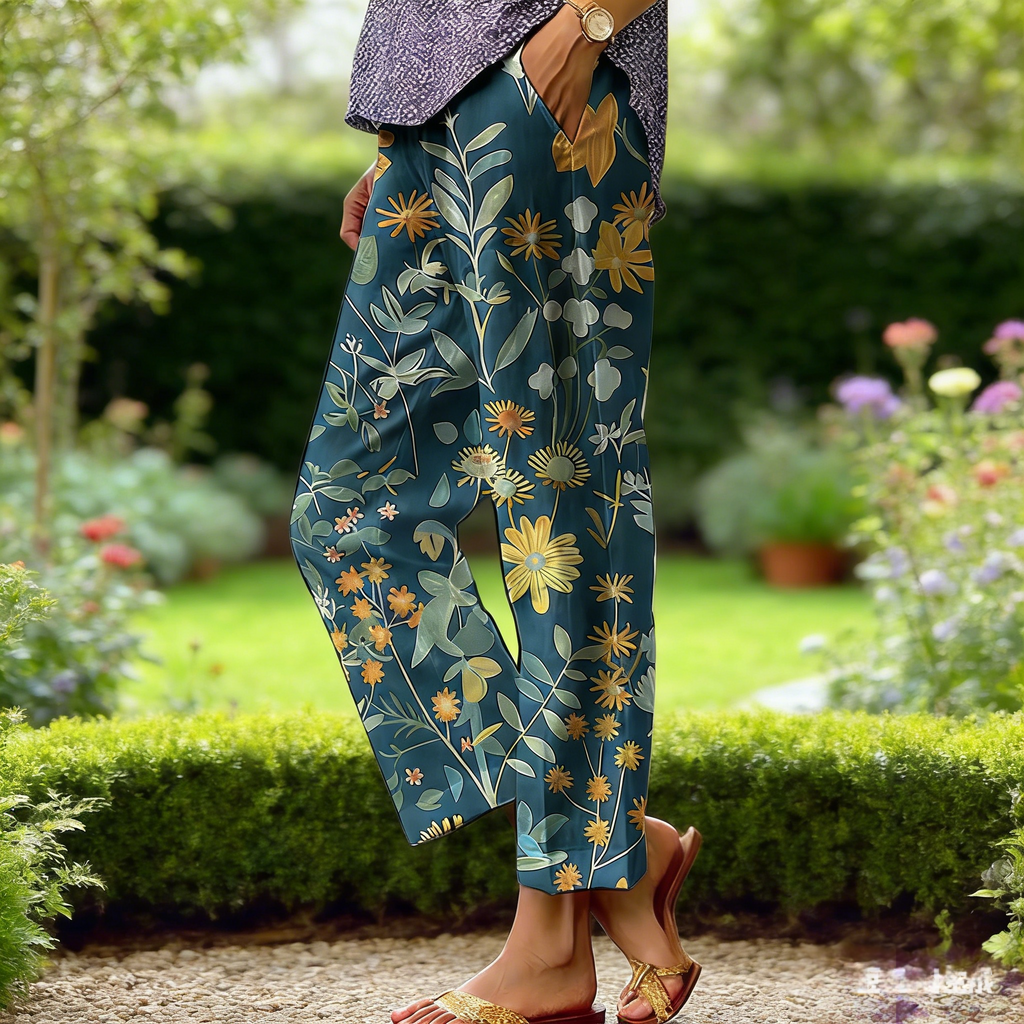 Boho Damen Weite Hose Dunkeltürkis: Luftige Culotte mit Vintage Blumenprint, Bequeme Freizeithose für Urlaub & Alltag S-3XL