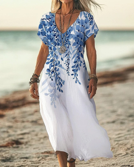 Boho Maxikleid Damen Weiß: Blau Floral Print, V-Ausschnitt, S-3XL, Ganzjährig