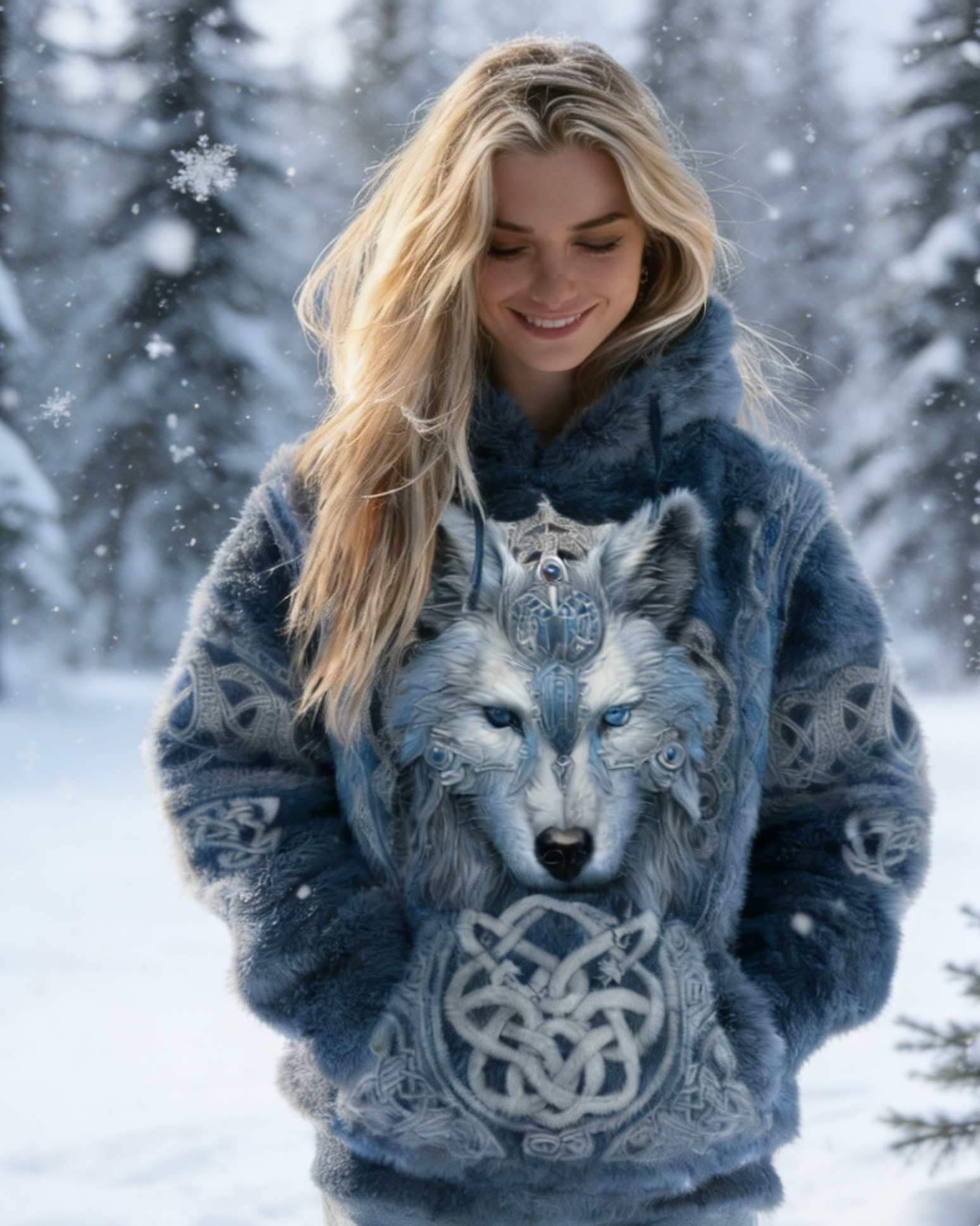 3D-Druck Damen Wikinger Flanell Kapuzenpullover – Wolf & Keltischer Knoten, lässiger Vintage Look Size S-5XL