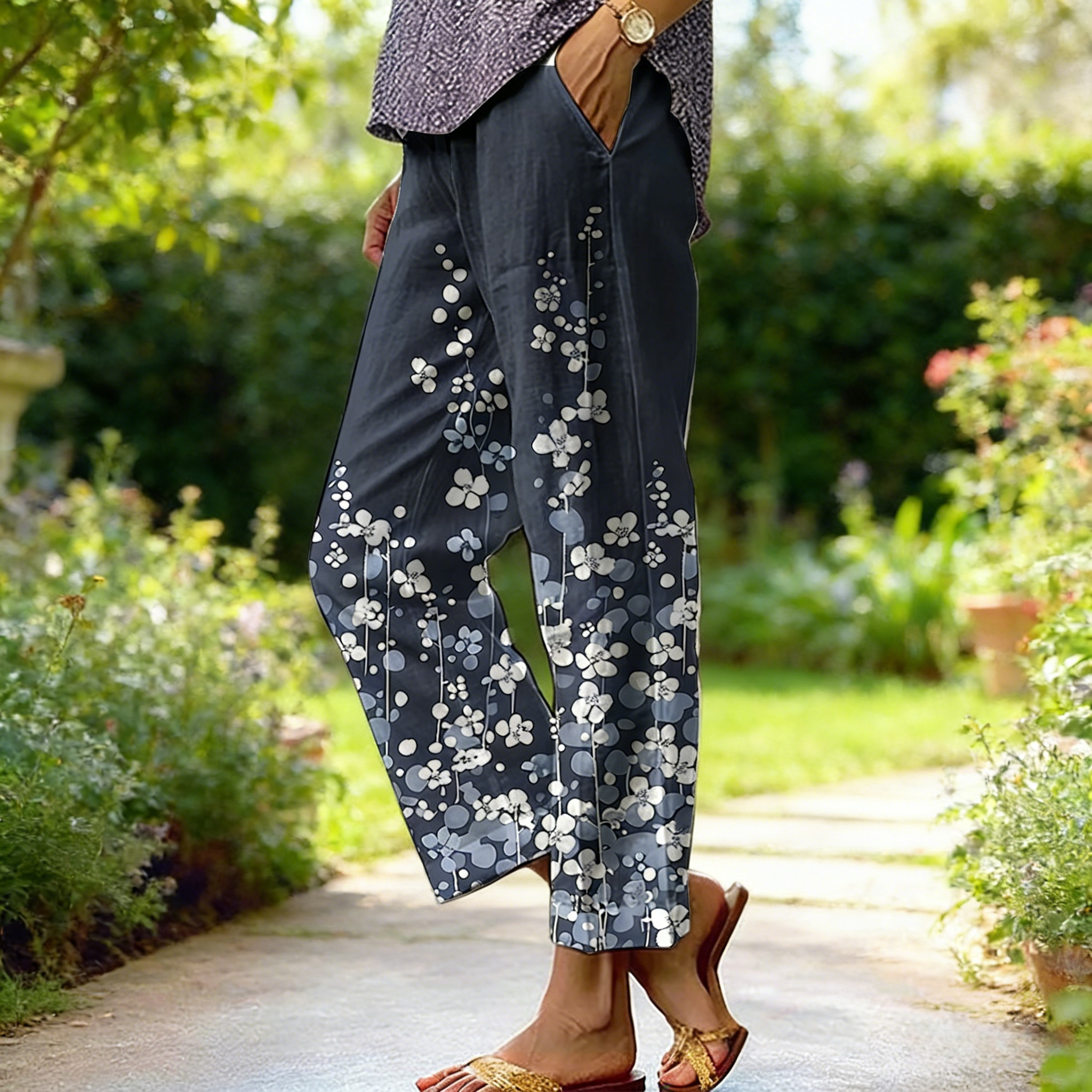 Boho Damen Weite Hose Anthrazit: Luftige Culotte mit Floral-Print, Bequeme Freizeithose mit Taschen für Urlaub & Alltag S-3XL