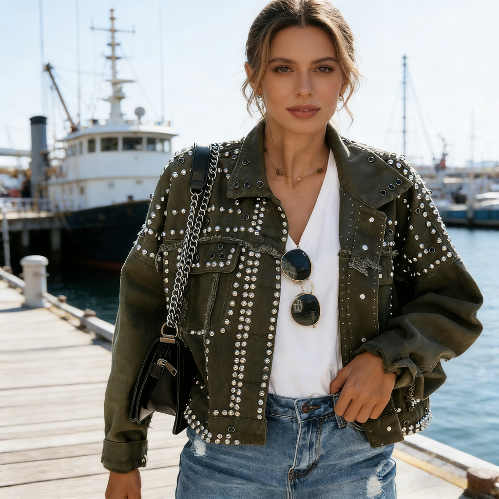 Damen Jeansjacke Dunkelgrün mit Nieten: Stylische Denim-Jacke im Vintage-Look, Extravagante Jacke mit Metall-Verzierungen & Strass, Casual Party-Outfit, Ganzjährig S-3XL