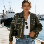 Damen Jeansjacke Dunkelgrün mit Nieten: Stylische Denim-Jacke im Vintage-Look, Extravagante Jacke mit Metall-Verzierungen & Strass, Casual Party-Outfit, Ganzjährig S-3XL