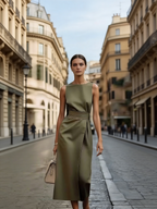 Damen Midikleid Olivgrün: Elegantes ärmelloses Sommerkleid mit Rundhals & Gürtel, Stilvolles A-Linien Freizeitkleid, Modernes Business-Outfit S-2XL