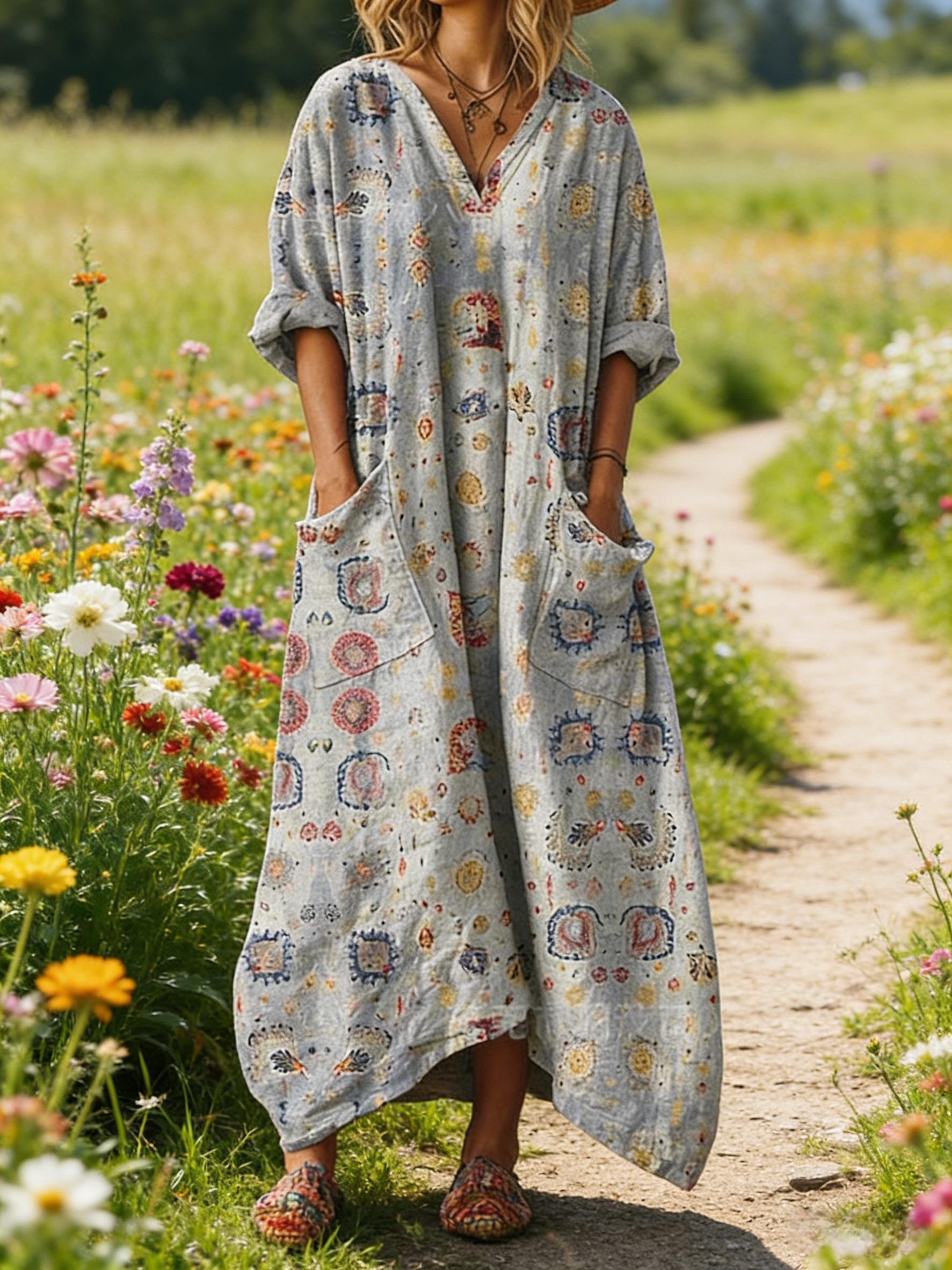 Damen Boho-Maxikleid Vintage-Stil in Hellgrau-Blau: Retro-Blumenprint & Grafik-Art, V-Ausschnitt & Praktische Taschen, Bequeme Passform, Ganzjährig S-5XL