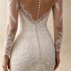 Elegantes Meerjungfrau Abendkleid Weiß mit Schleppe | Figurbetontes Spitzenkleid mit Langen Ärmeln und Illusion-V-Ausschnitt