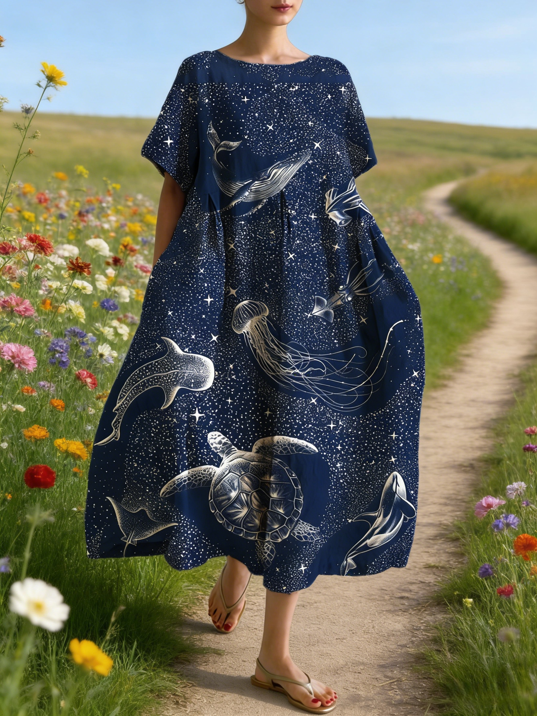 Damen Boho-Maxikleid im Japan-Stil Dunkelblau: Künstlerischer Meereswelt- & Sternenhimmel-Print, Rundhals & Lose Passform, Reine Baumwolle, Ganzjährig S-5XL