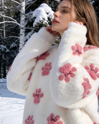 3D-Druck Damen Weißer Flanell Sweatshirt mit Katzenpfoten｜Weiches Warmes Winter Rundhals Oberteil Size S-5XL