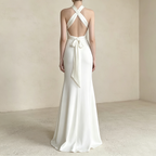 Halterneck Satin Abendkleid Elegant Maxi mit Beinschlitz Neckholder Ballkleid Ärmellos Bodenlang für Damen