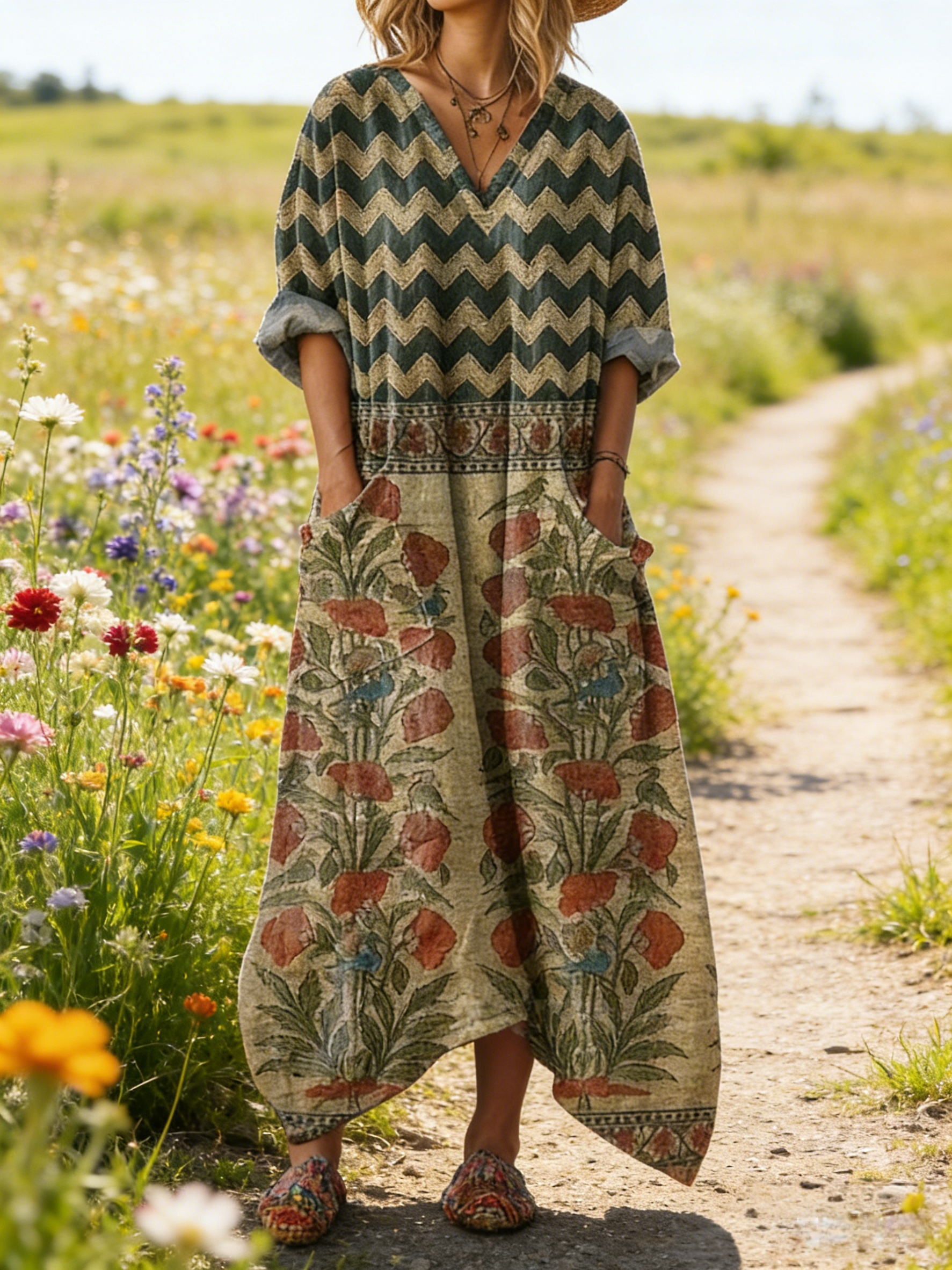 Damen Boho-Maxikleid im Vintage-Stil Olivgrün: Retro-Zickzack & Floral-Art, V-Ausschnitt & Praktische Taschen, Bequeme Passform, Ganzjährig S-5XL