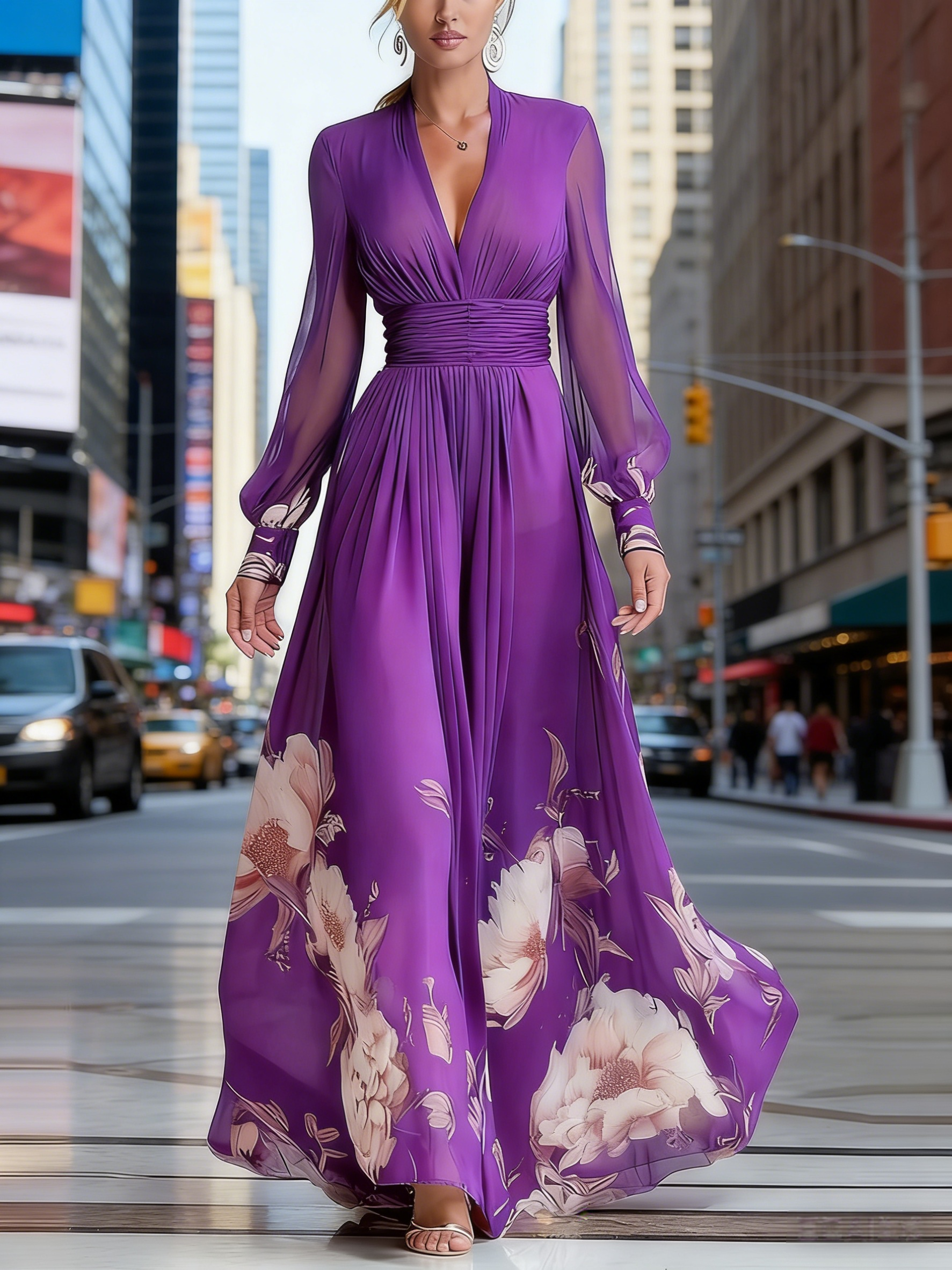 Elegantes Chiffon-Maxikleid Damen Lila: Französischer Stil mit Blumenmuster, Figurbetontes Design mit V-Ausschnitt, Ganzjährig S-2XL