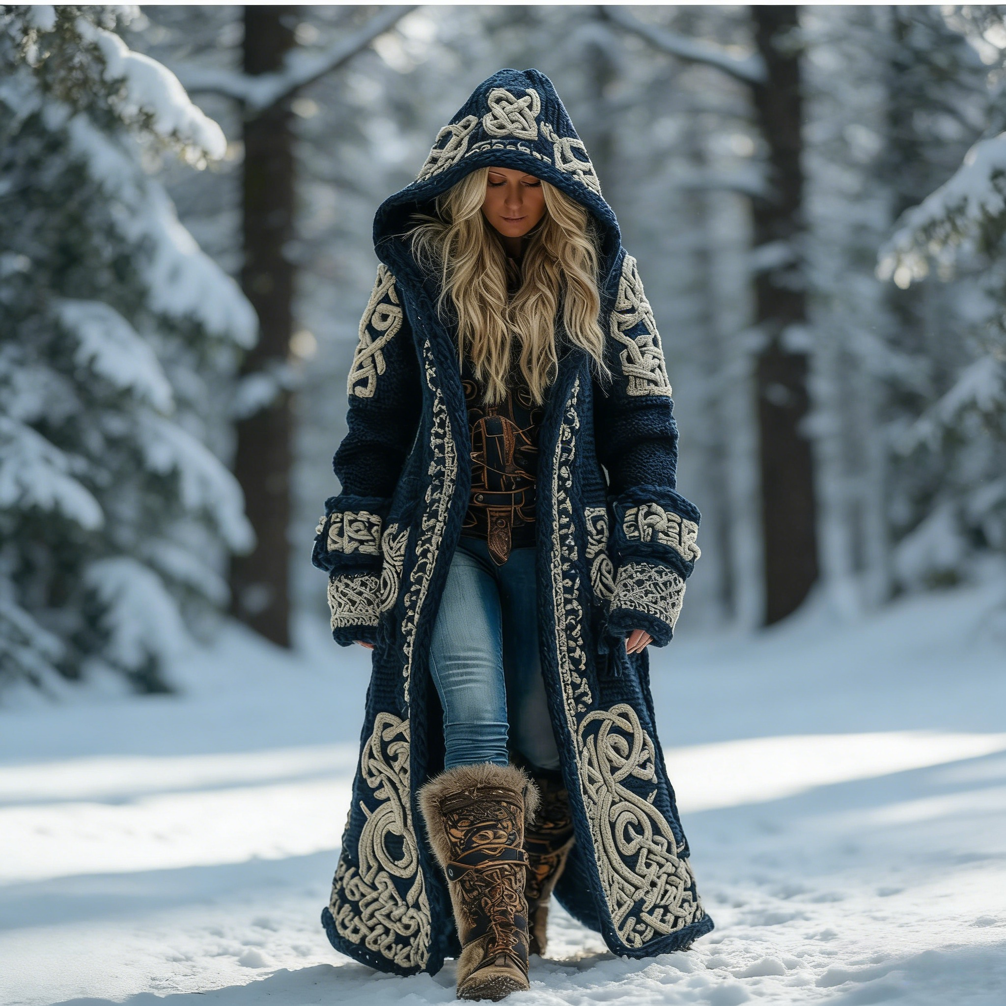 Damen Keltischer-Knoten-Kunst Kapuzen Strickjacke Size S-5XL/Blue