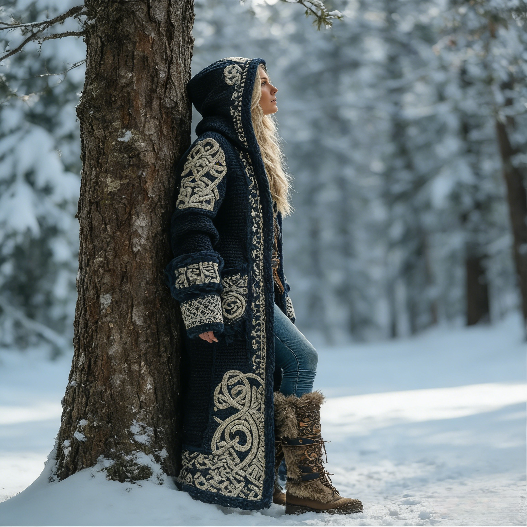 Damen Keltischer-Knoten-Kunst Kapuzen Strickjacke Size S-5XL/Blue