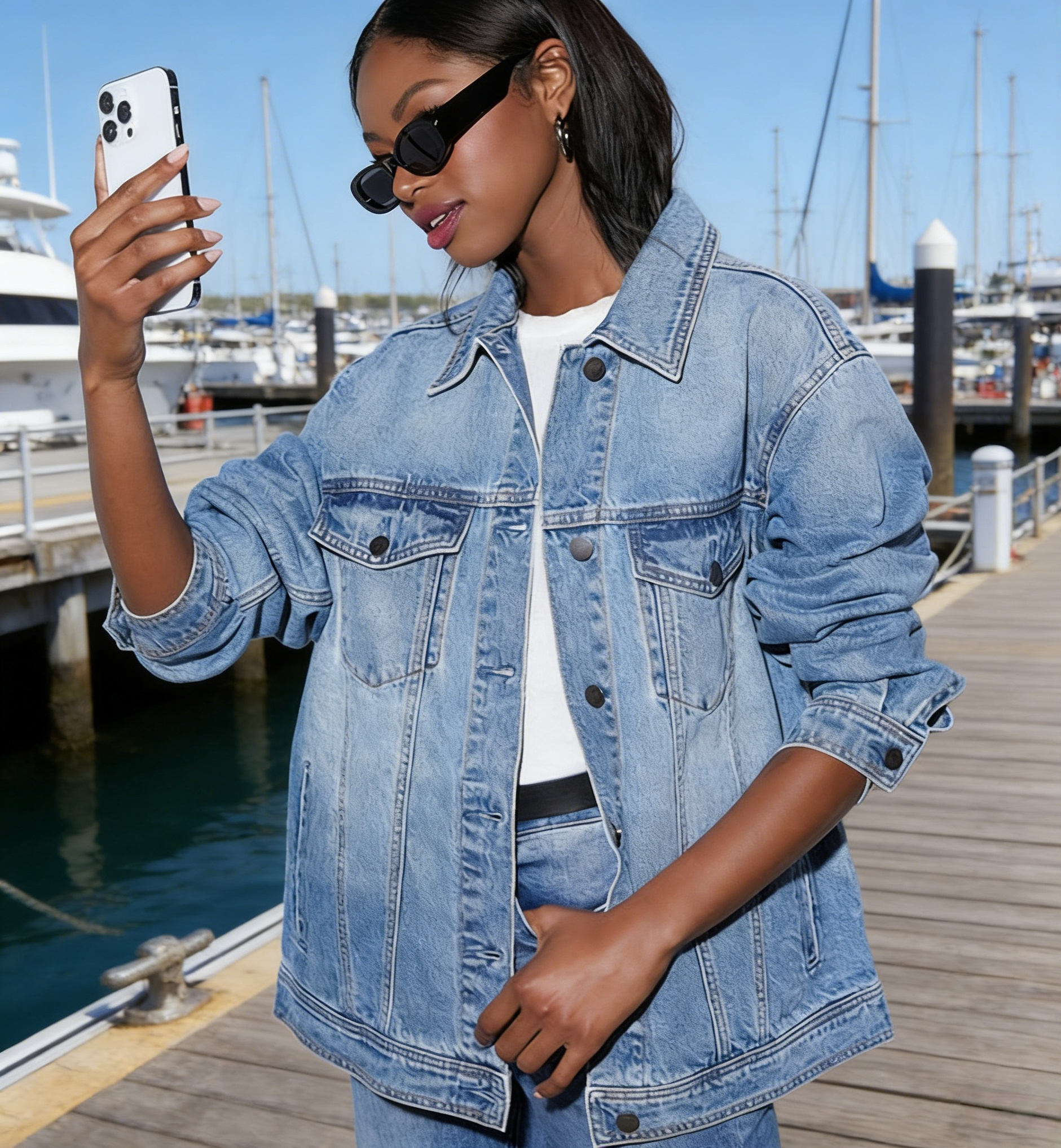Damen Jeansjacke Mittelblau: Klassische Denim-Jacke im Oversized-Look, Locker geschnittene Übergangsjacke, Stylisches Streetwear-Oberteil, Ganzjährig S-2XL