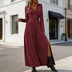 Damen Maxikleid Weinrot: Elegantes Abendkleid mit V-Ausschnitt & Spitze, Figurbetontes langes Kleid mit Beinschlitz & Raffung, Stilvolles Partykleid S-XL