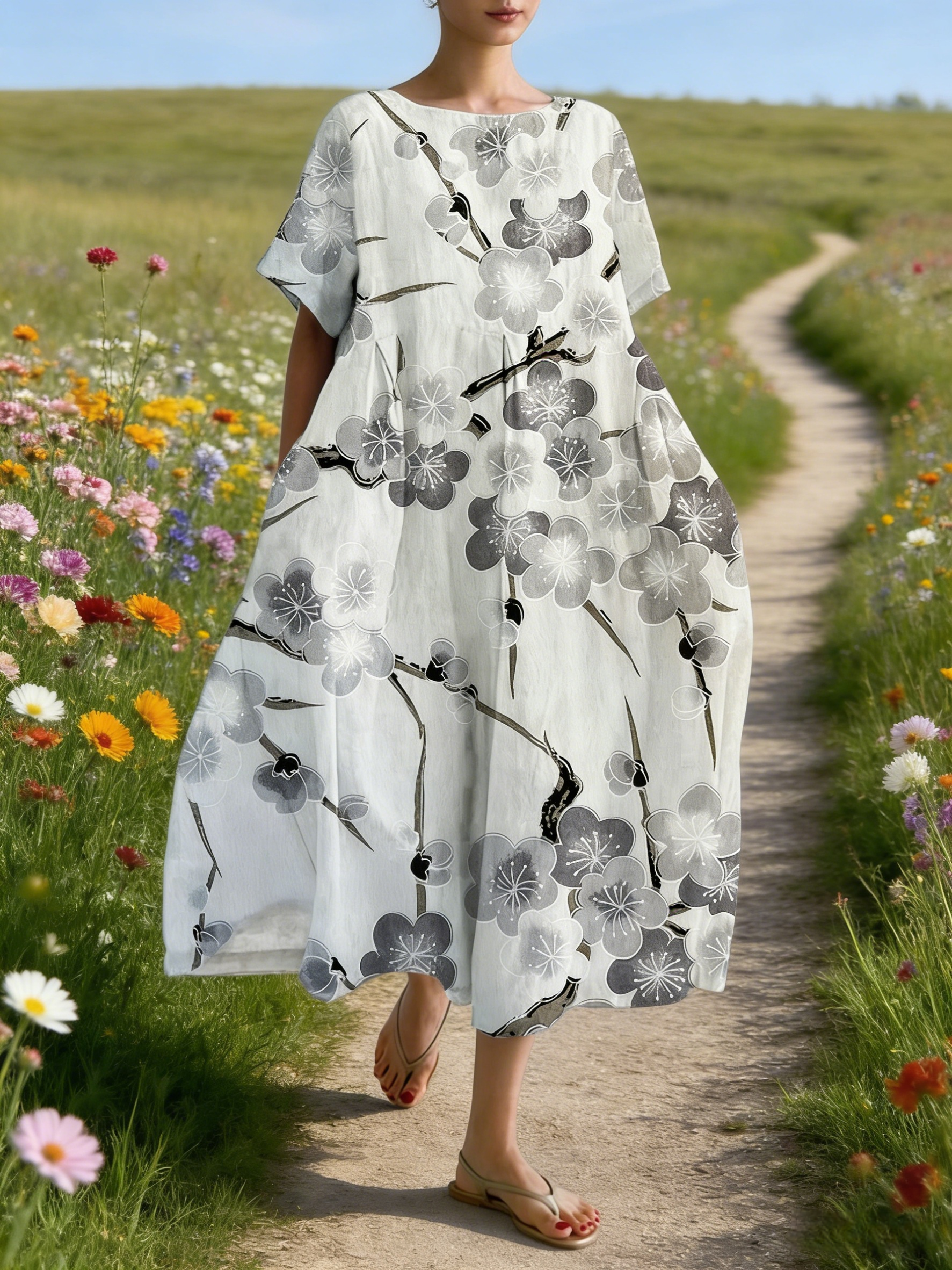 Damen Boho-Maxikleid im Japan-Stil Hellgrau: Künstlerischer Blumen-Print in Tusche-Optik, Rundhals & Lose A-Linie, Reine Baumwolle, Ganzjährig S-5XL