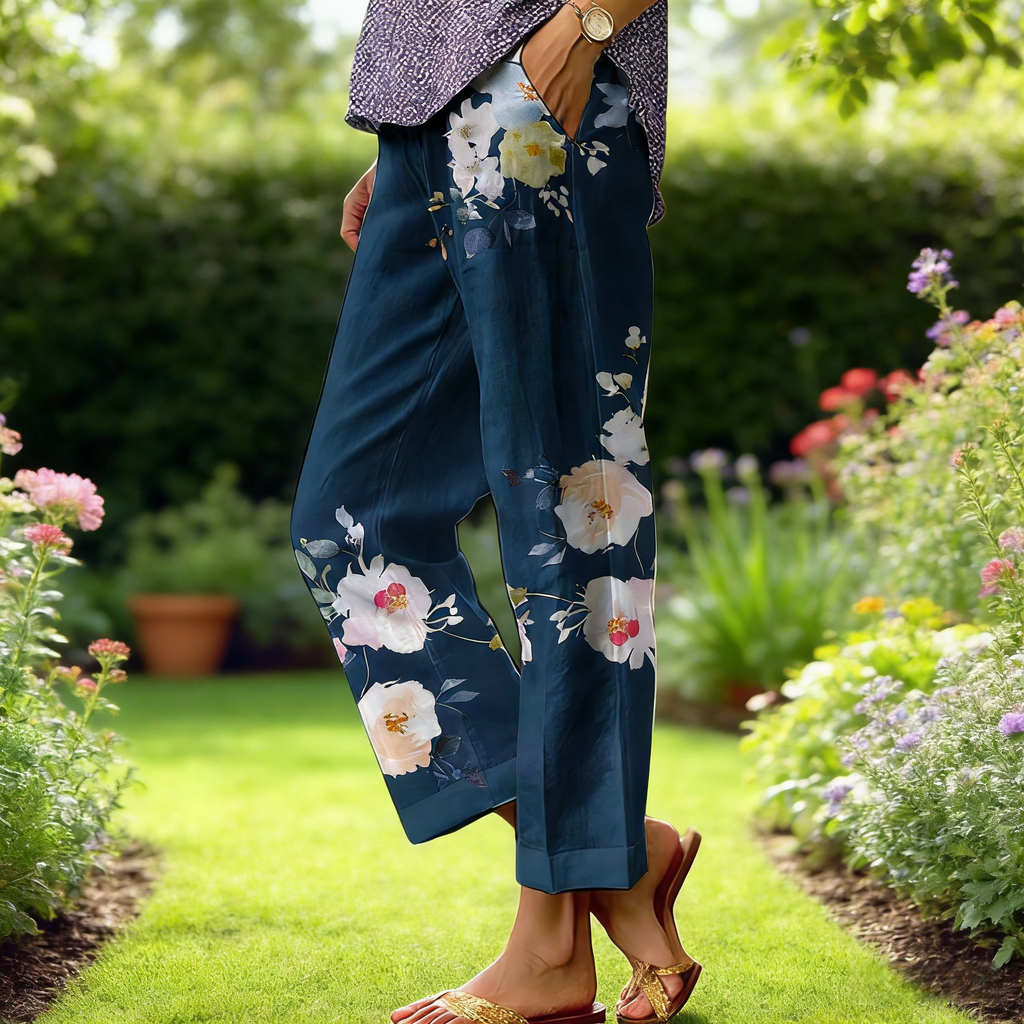 Boho Damen Weite Hose Marineblau: Luftige Culotte mit Vintage Blumen-Print, Bequeme Freizeithose mit Taschen für Urlaub & Alltag S-3XL