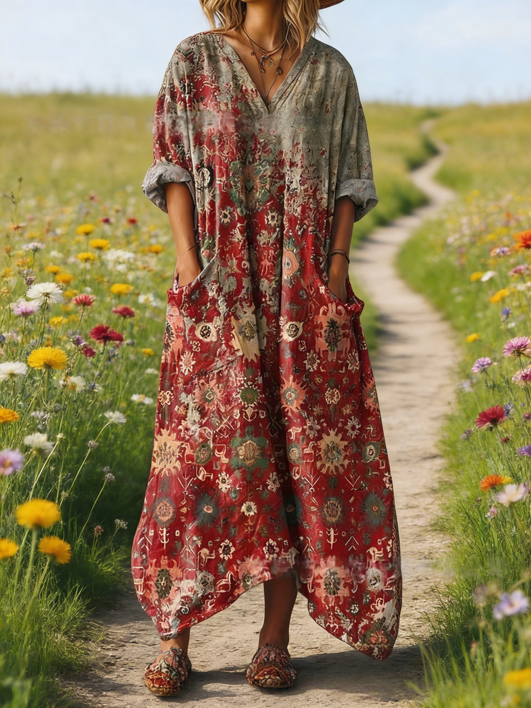 Damen Boho-Maxikleid im Vintage-Stil Weinrot-Mix: Retro-Blumenprint & Grafik-Art, V-Ausschnitt & Praktische Taschen, Bequeme Passform, Ganzjährig S-5XL