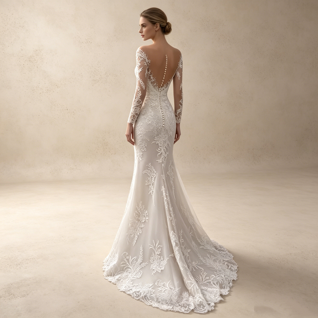Elegantes Meerjungfrau Abendkleid Weiß mit Schleppe | Figurbetontes Spitzenkleid mit Langen Ärmeln und Illusion-V-Ausschnitt