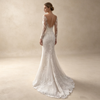 Elegantes Meerjungfrau Abendkleid Weiß mit Schleppe | Figurbetontes Spitzenkleid mit Langen Ärmeln und Illusion-V-Ausschnitt