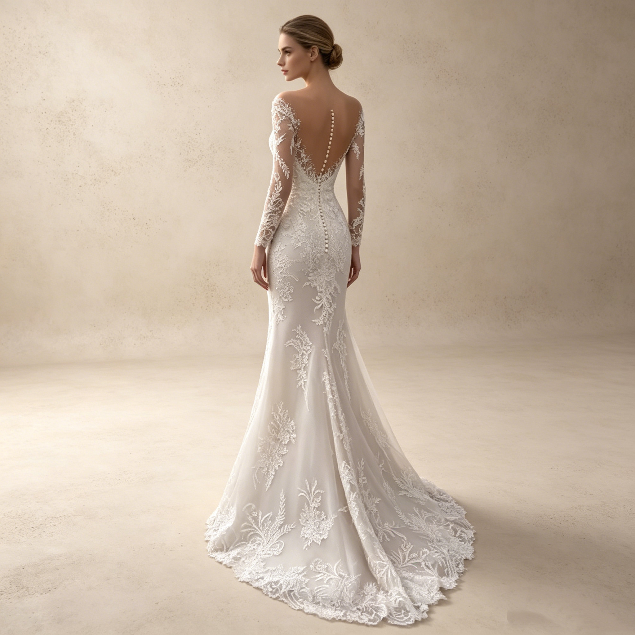 Elegantes Meerjungfrau Abendkleid Weiß mit Schleppe | Figurbetontes Spitzenkleid mit Langen Ärmeln und Illusion-V-Ausschnitt
