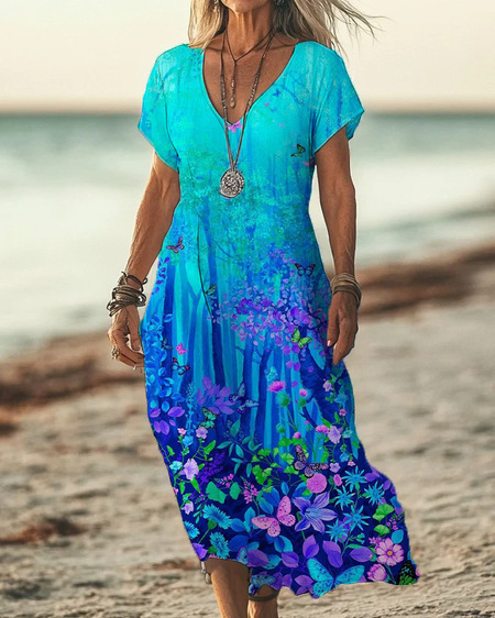 Boho Maxikleid Damen Blau: Schmetterling & Flora, V-Ausschnitt, S-3XL, Ganzjährig