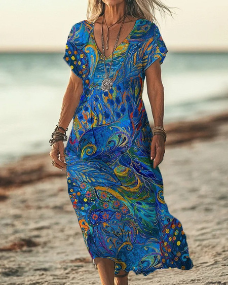 Boho Maxikleid Damen Blau: Pfauenfeder-Print, V-Ausschnitt, S-3XL, Ganzjährig