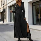 Damen Maxikleid Schwarz: Elegantes Abendkleid mit V-Ausschnitt & Spitze, Figurbetontes langes Kleid mit Beinschlitz & Raffung, Stilvolles Partykleid S-XL